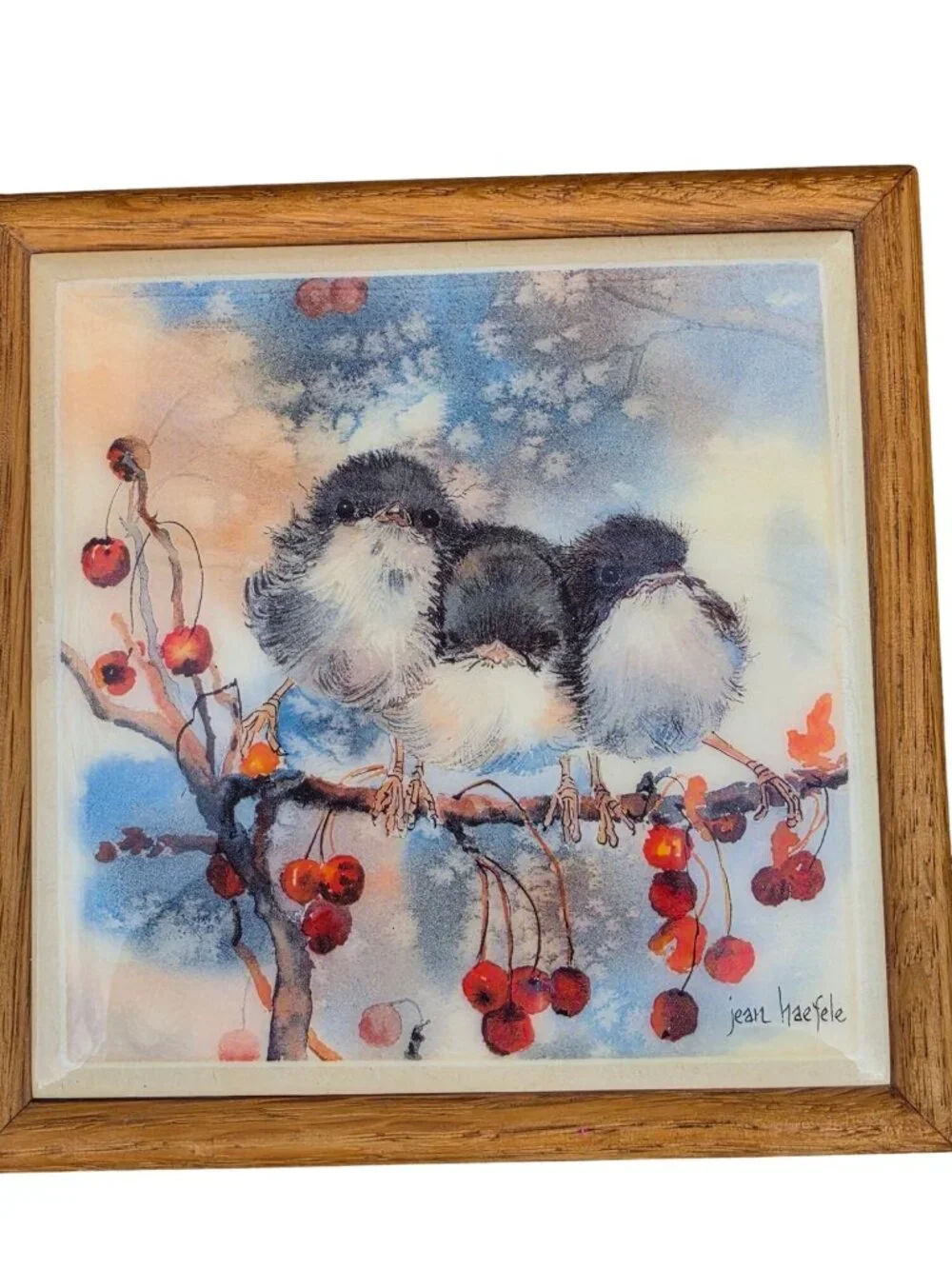 VTG Jean Haefele Signed Ceramic Art Tile Oak Trinket Box Chickadee Birds